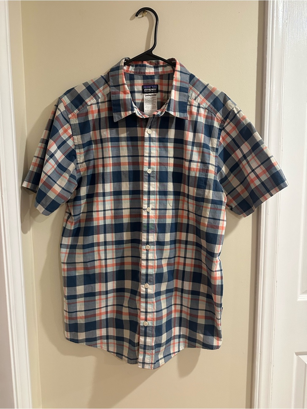 Patagonia Men's Short-Sleeve Plaid Button-Down in Blue, White and Coral